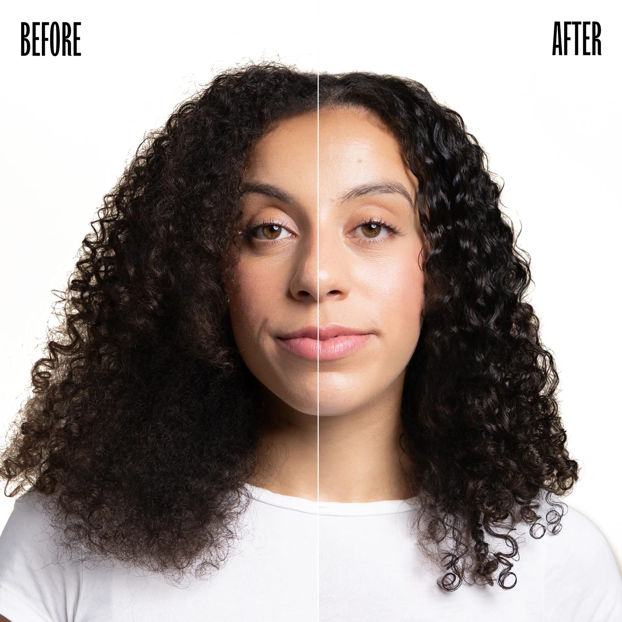 Before and after comparison of woman with curly dark hair showing increased shine and frizz control on right side