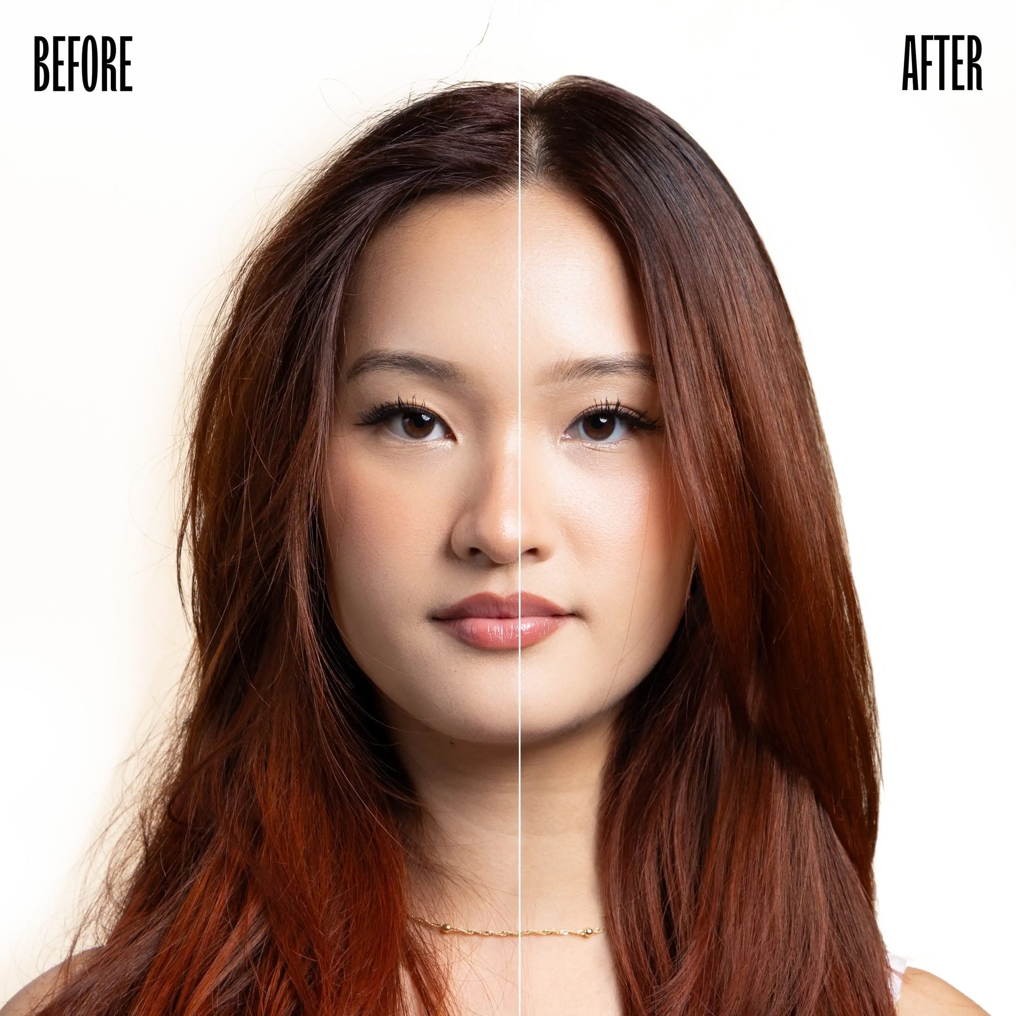 Before and after comparison of woman with straight reddish-brown hair showing smoother, shinier results on right side