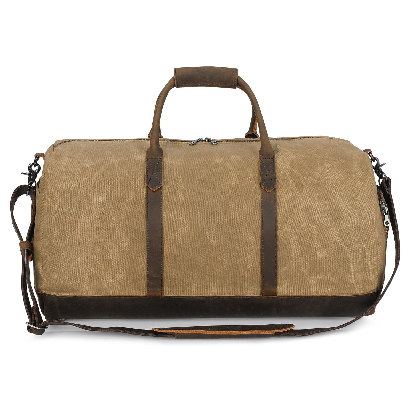 Tan canvas weekender bag with brown leather straps and trim