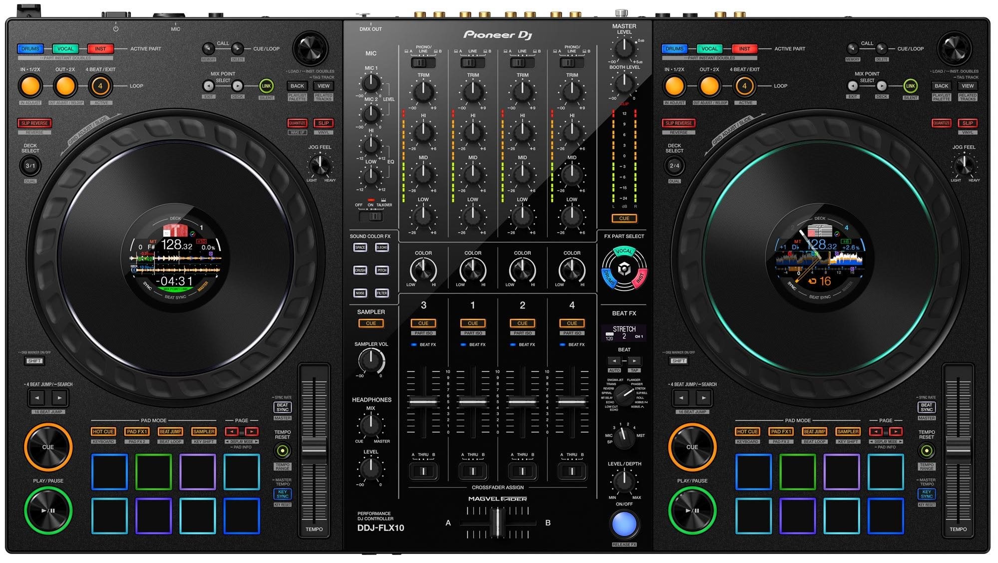 Professional DJ controller with dual jog wheels, central mixer, and colorful performance pads