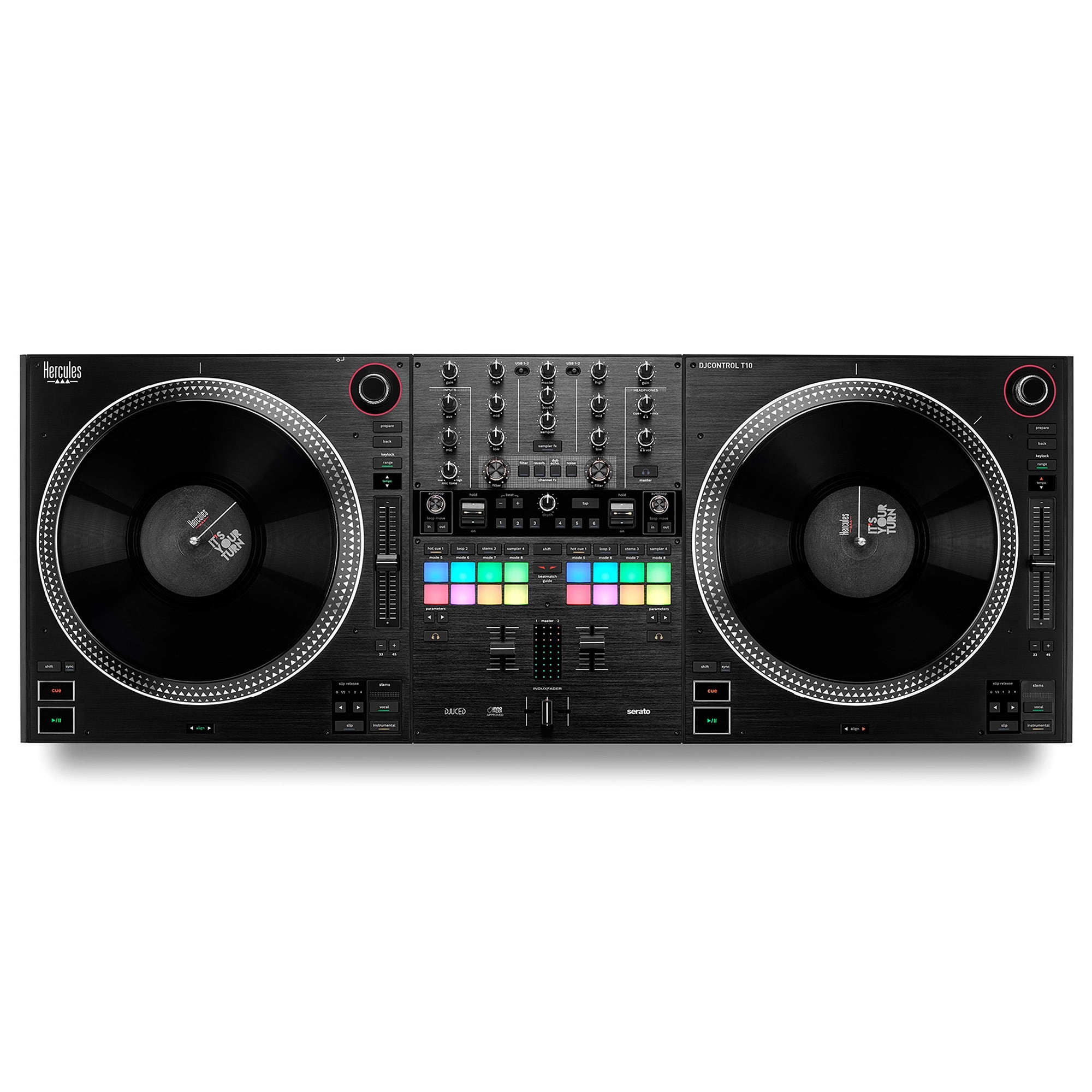 Professional DJ turntable system with dual platters and central mixer controls