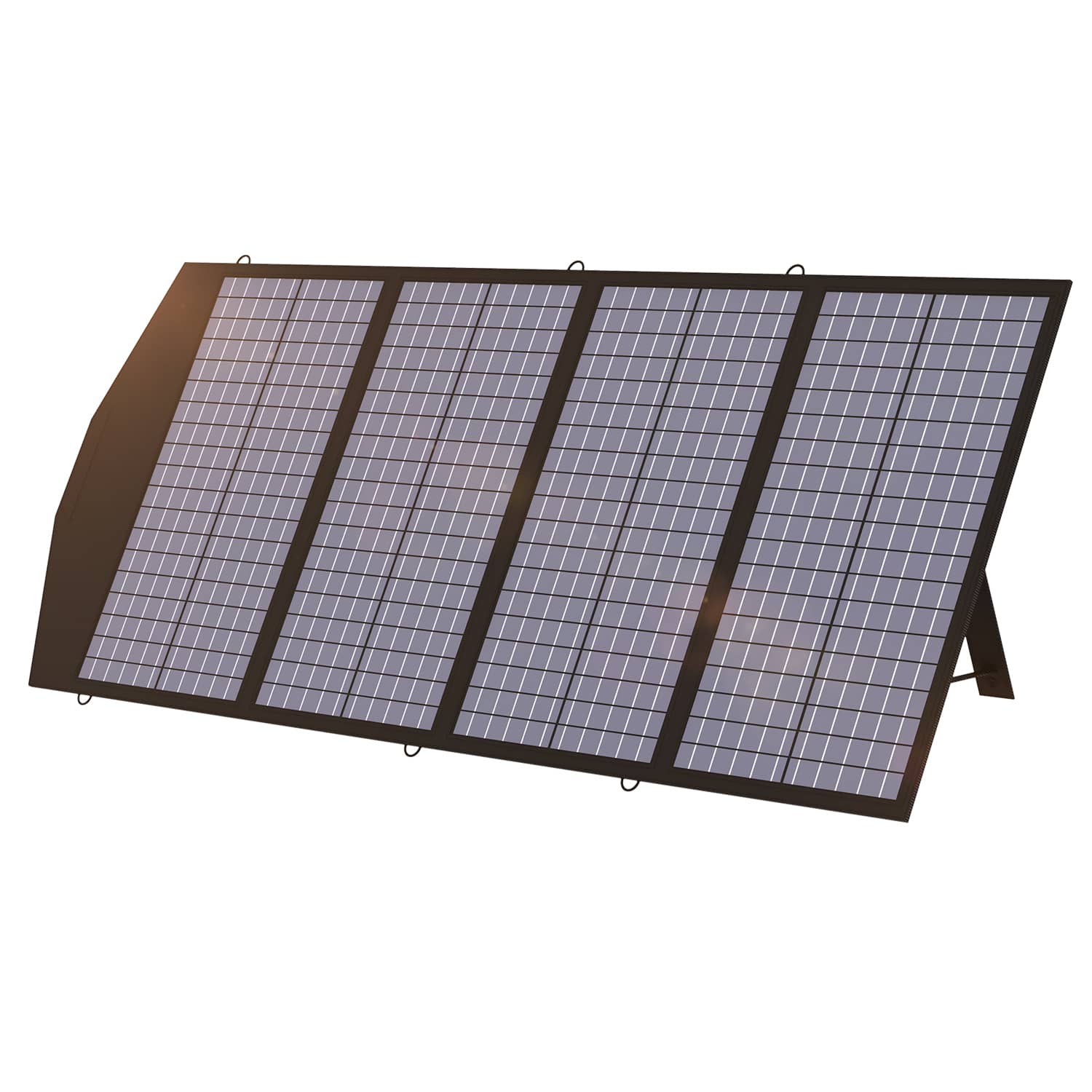 Pannello solare portatile pieghevole con quattro sezioni e struttura in marrone scuro