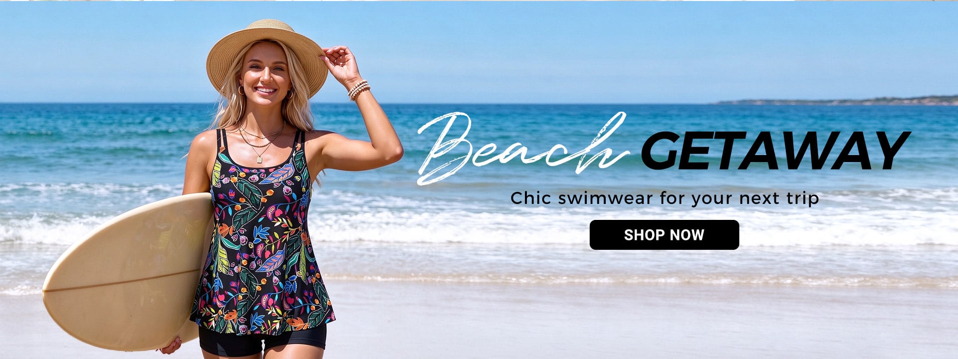Woman in colorful floral swimsuit dress with straw hat holding surfboard at the beach