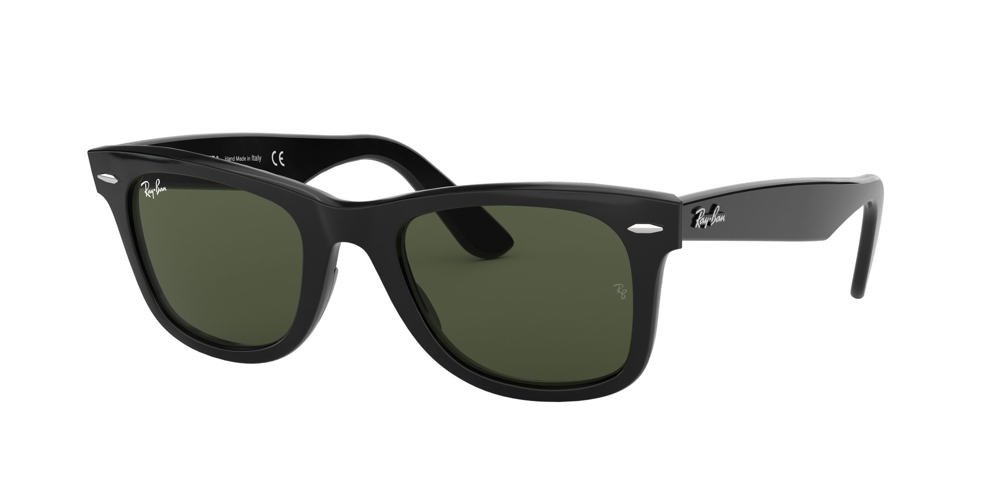Occhiali da sole wayfarer neri con lenti verdi, vista frontale su sfondo bianco