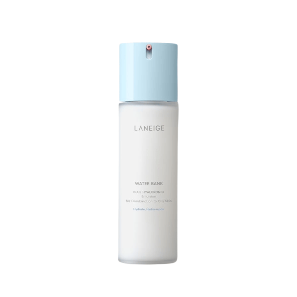 White moisturizing emulsion bottle with light blue cap and label