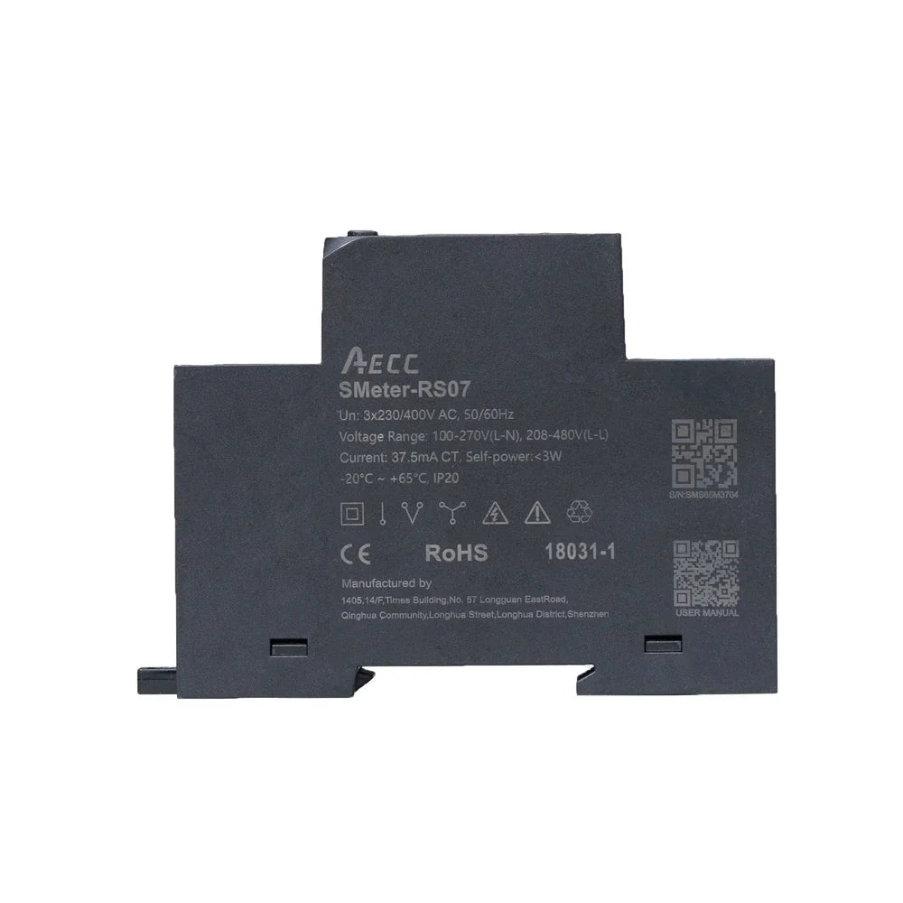 Dispositivo di misurazione energetica SMeter-RS07 nero con specifiche tecniche stampate