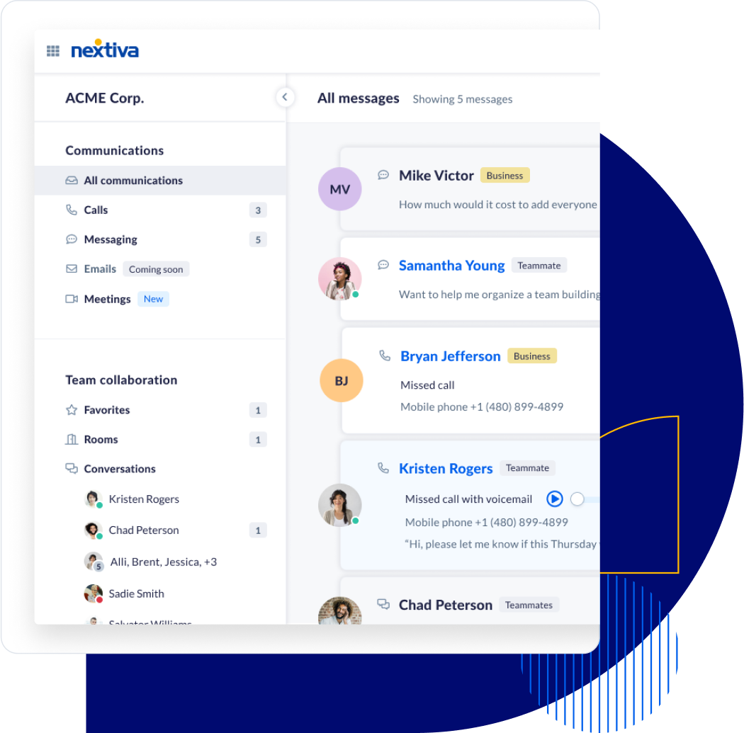Corporate messaging application showing inbox with communications from multiple team members