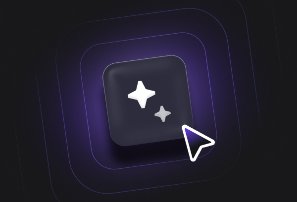 Dark interface button with white sparkle icons and cursor arrow on purple gradient background