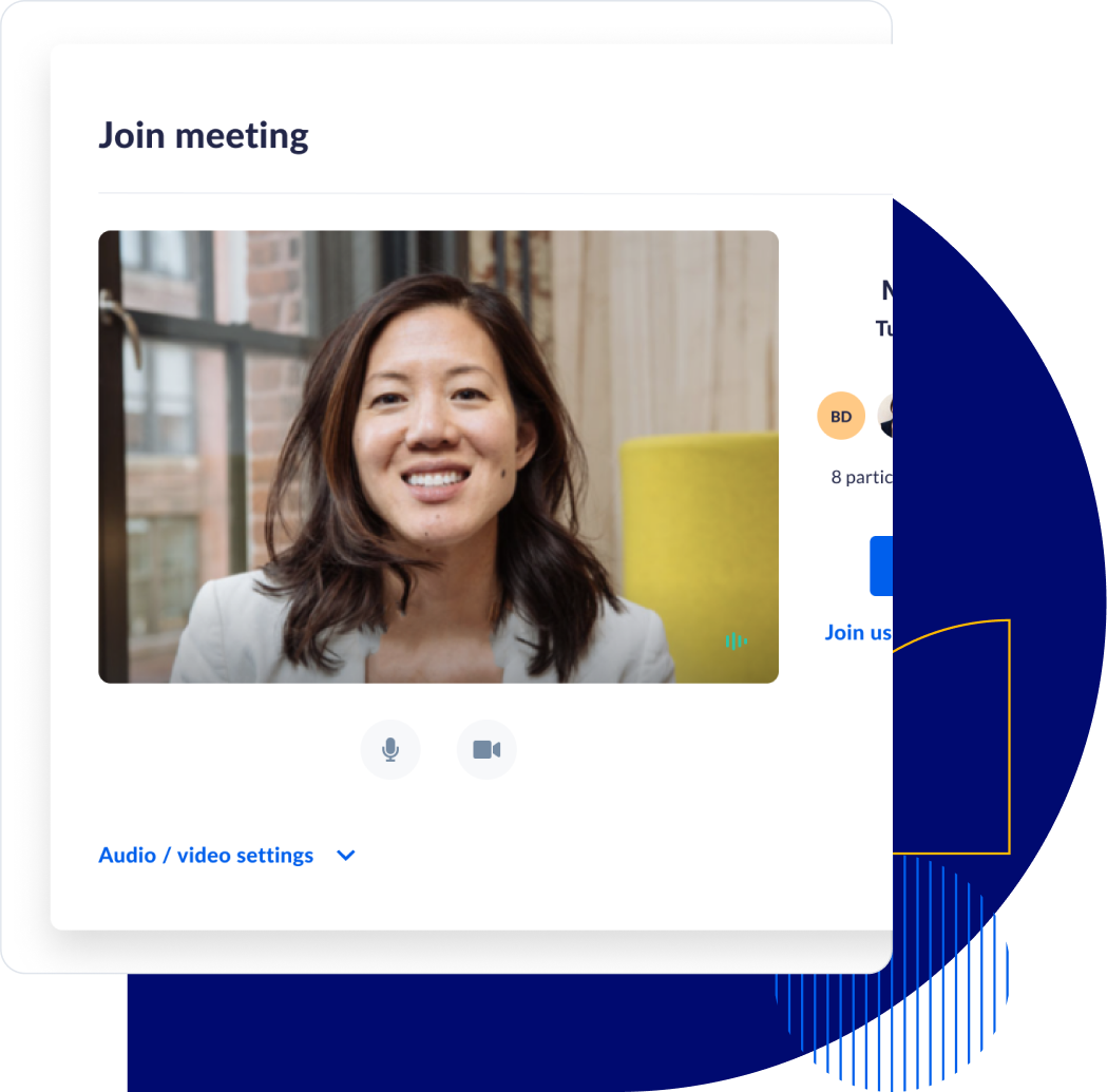 Woman smiling at camera during video meeting call interface with audio/video settings