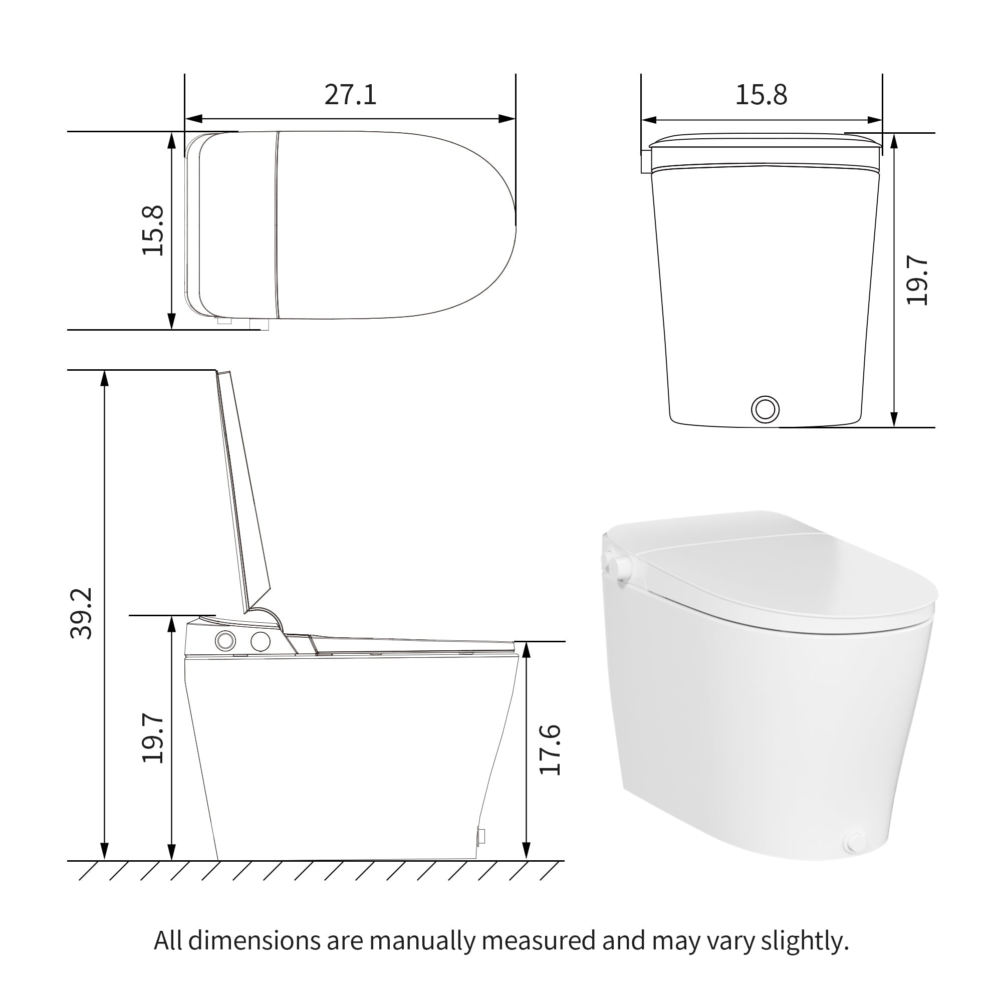 Technical schematic showing dimensions of smart toilet from top, front, and side views