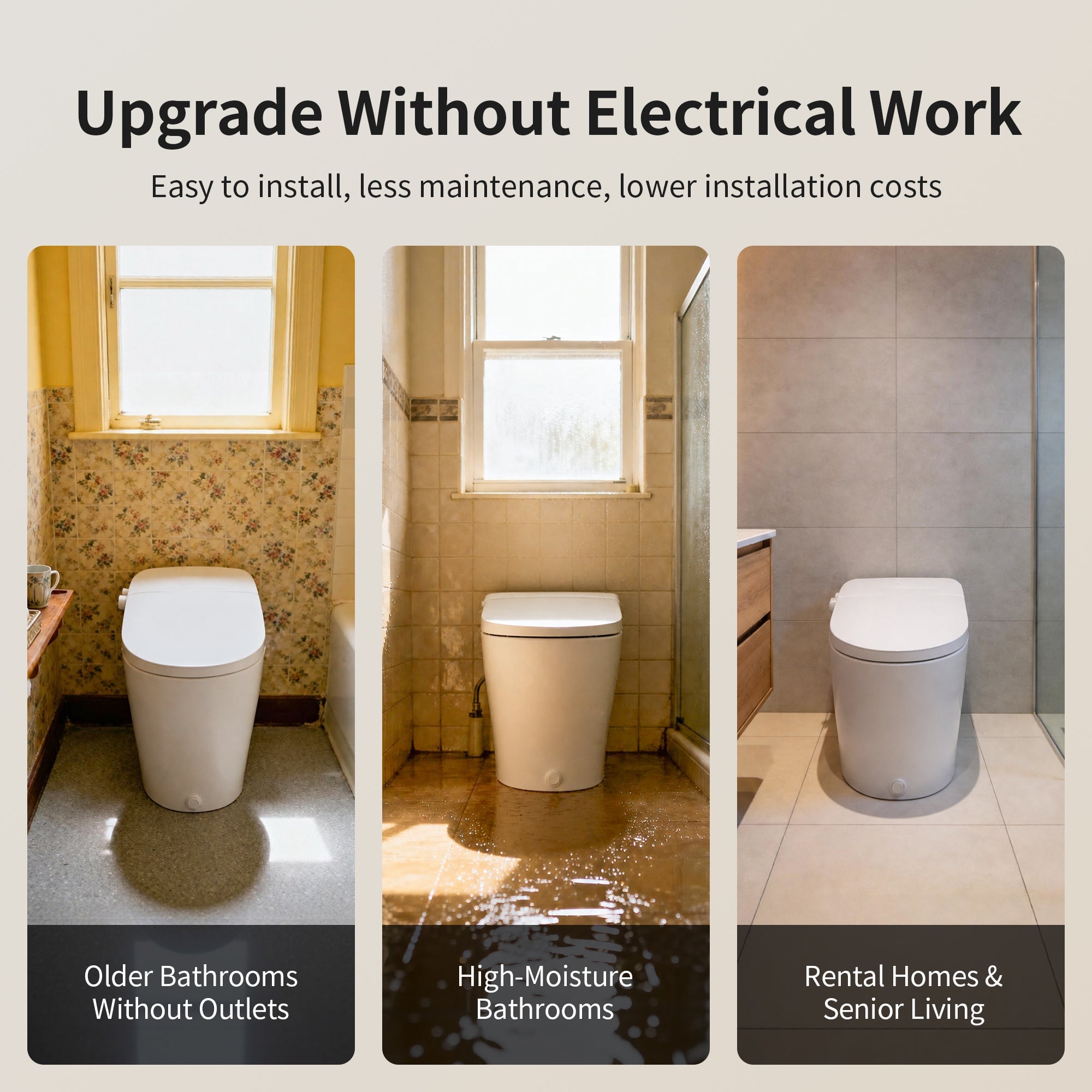 Three bathroom photos demonstrating smart toilet installation in older bathrooms, high-moisture areas, and rental homes