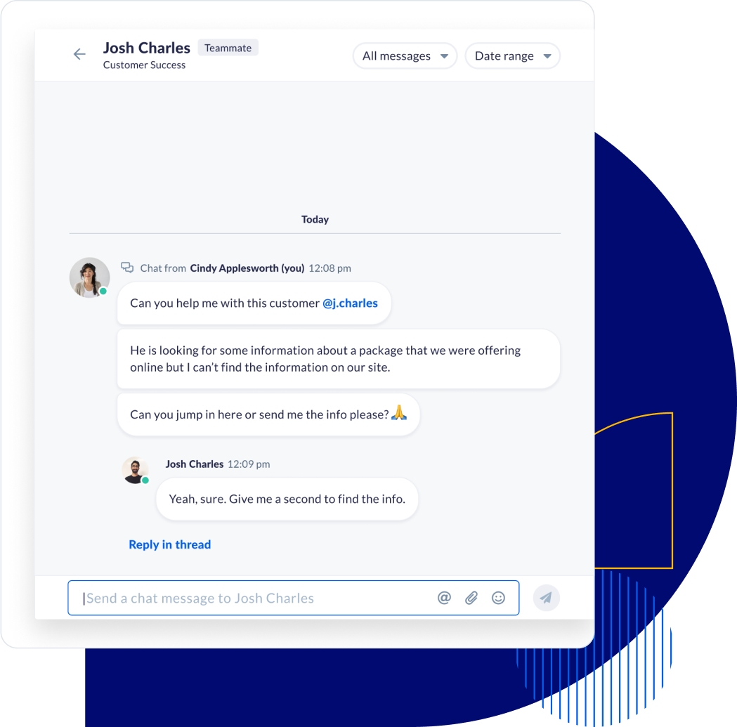 Chat conversation between teammates about customer service request with message thread