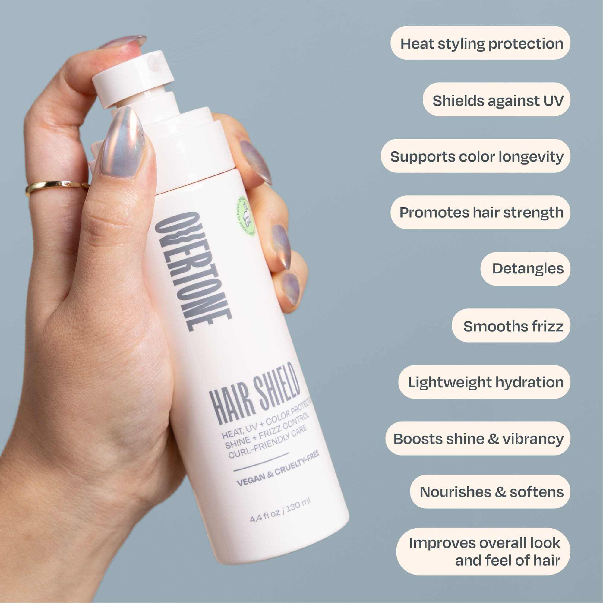 Hand holding white spray bottle with benefits listed including heat protection, UV shield, color support, and frizz smoothing