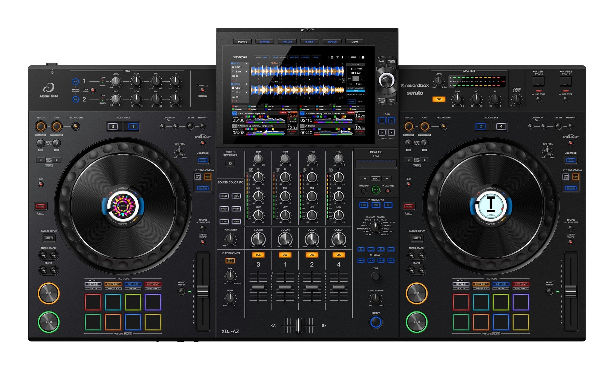 Complete DJ setup with dual turntables, waveform display, and integrated sound control console