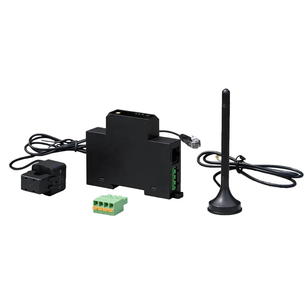 Power station portatile nera con accessori inclusi: cavo, antenna e connettori verdi