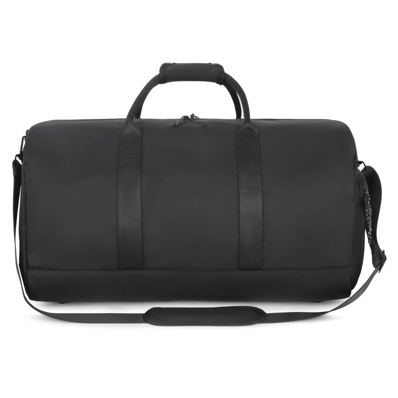 Black nylon duffel bag with padded handles and shoulder strap