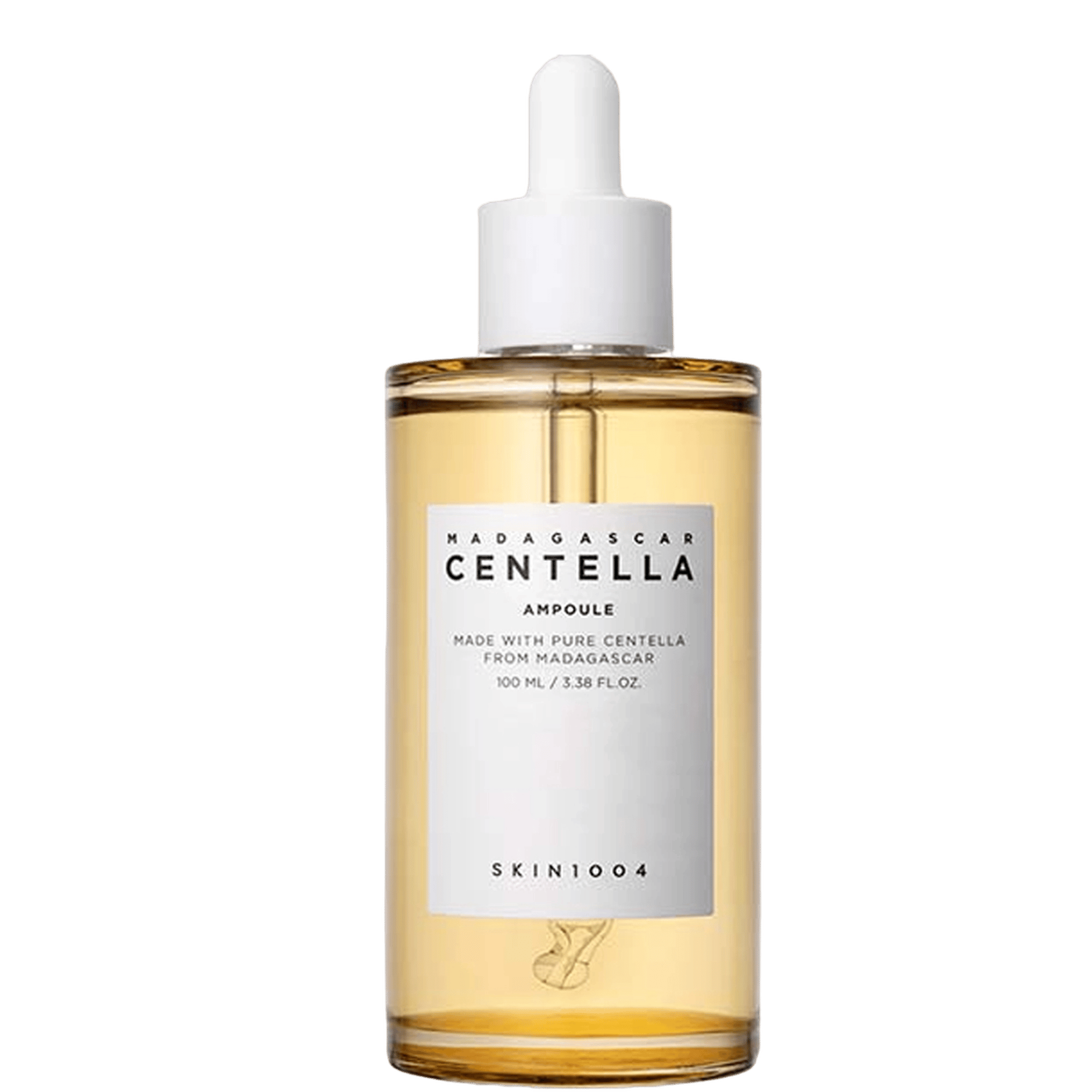 Golden yellow serum in clear glass bottle with white dropper cap