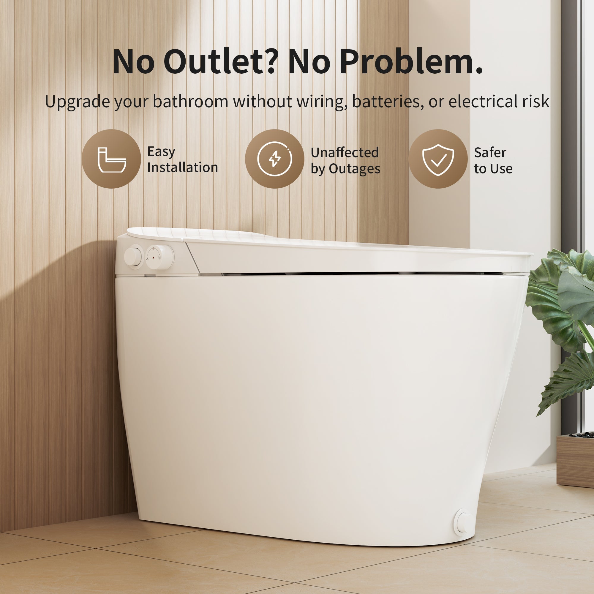 Marketing graphic highlighting key features: easy installation, outage protection, and safe operation of basin toilet
