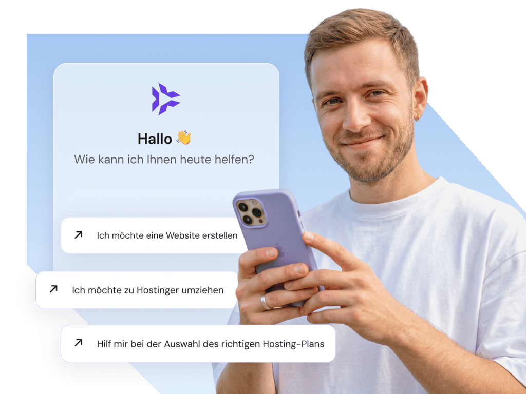 Young man holding purple smartphone displaying customer support chatbot interface in German